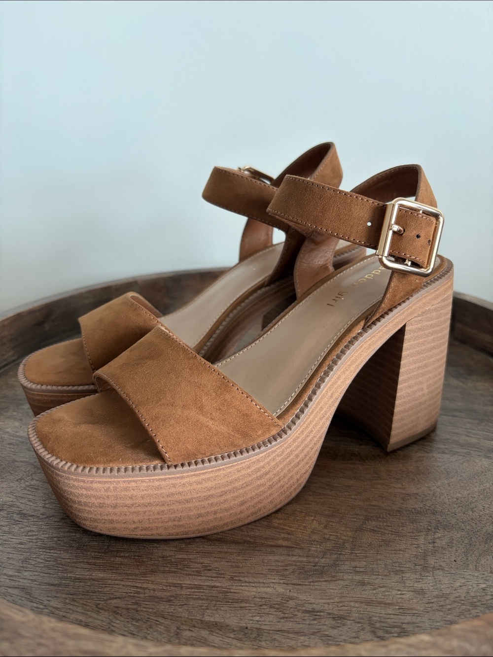 Madden Girl Tan Suede Platform Sandals with Buckle Strap